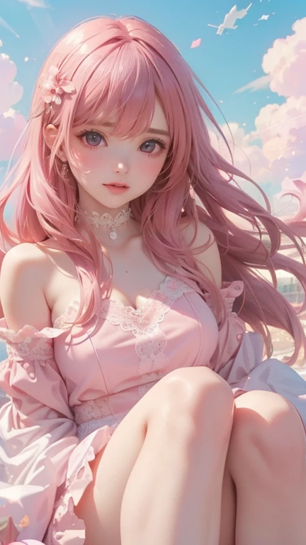 beauty, hidden face, 1 female, high quality, (【8k, desktop, The best, official art, beauty詳細, beauty的燈光, Girl sitting on pink cloud，Floating in the sky，pink clouds，Cutie wearing white lace and thin shoulders