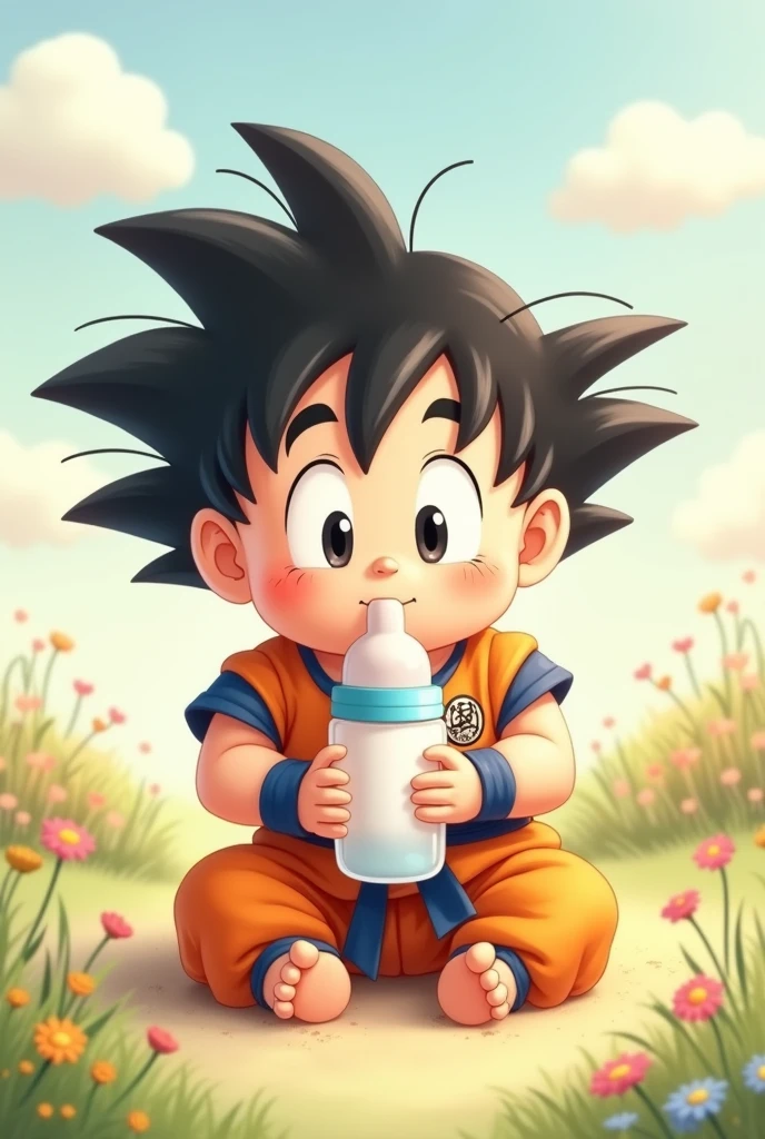 cartoon baby sitting on a cloud with a bottle in his mouth, Son Goku, akira toriyama style, dragon ball artstyle, character Dragon sphere, an anime nendoroid of Son Goku, Dragon sphere, Goku, toriyama akira, inspired by Akira Toriyama, Goku as an asian man, human goku, Goku in real life, japanese cartoon style