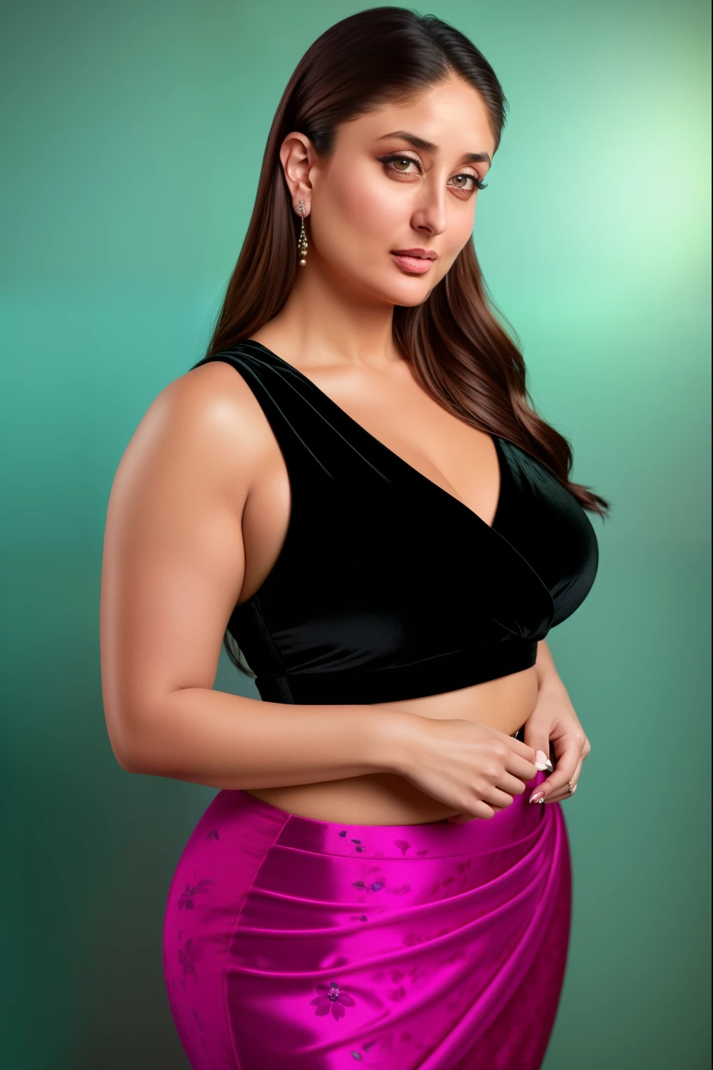 a hyper-realistic photo of Kareena Kapoor with thick-bodied curvy figure,wearing a velvet black sleeveless blouse and pink floral design sari,beautiful detailed eyes,beautiful detailed lips,extremely detailed eyes and face,longeyeashes,photorealistic,photo-realistic:1.37,best quality,4k,8k,highres,masterpiece:1.2,ultra-detailed,realistic,vivid colors,studio lighting,physically-based rendering,professional,fashion portrait