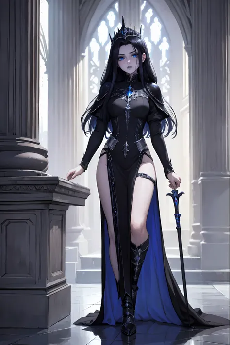 masterpiece, 1 girl, solo, twilight domain cleric, long black hair, hair over face, long black/blue dress, silver armor, tiara, ...