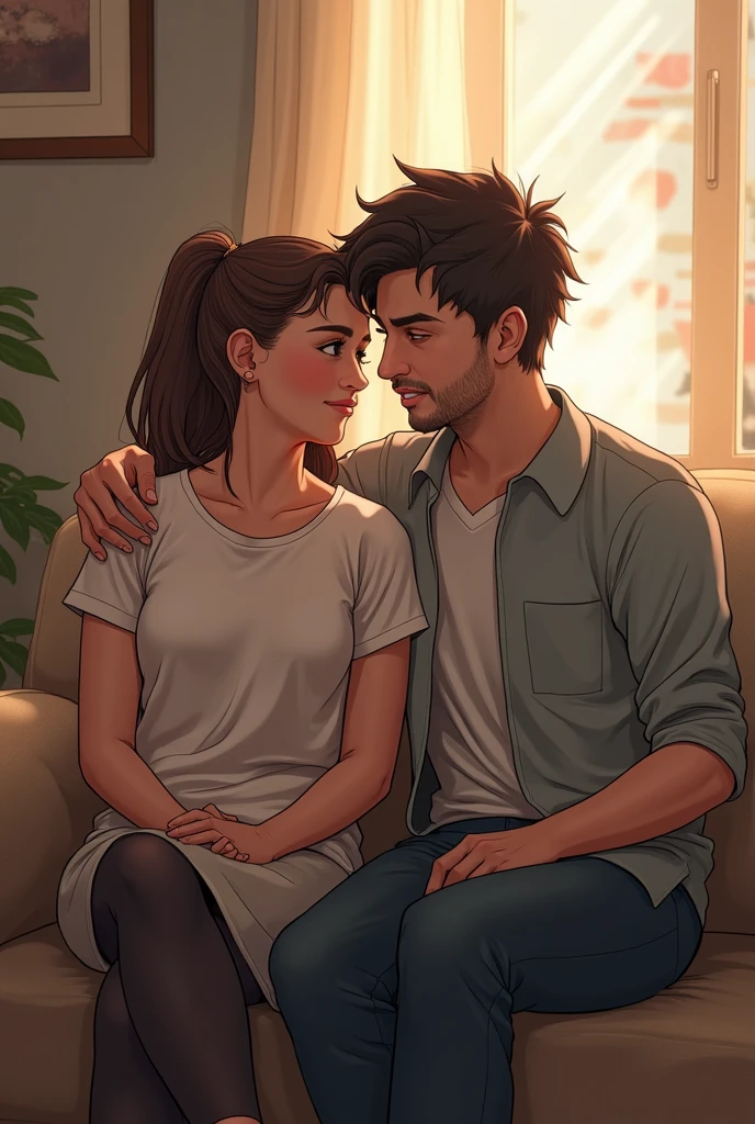 Cute teenage boy sitting on a bed with his cute long leg girlfriend, teenage boy have sharp beard