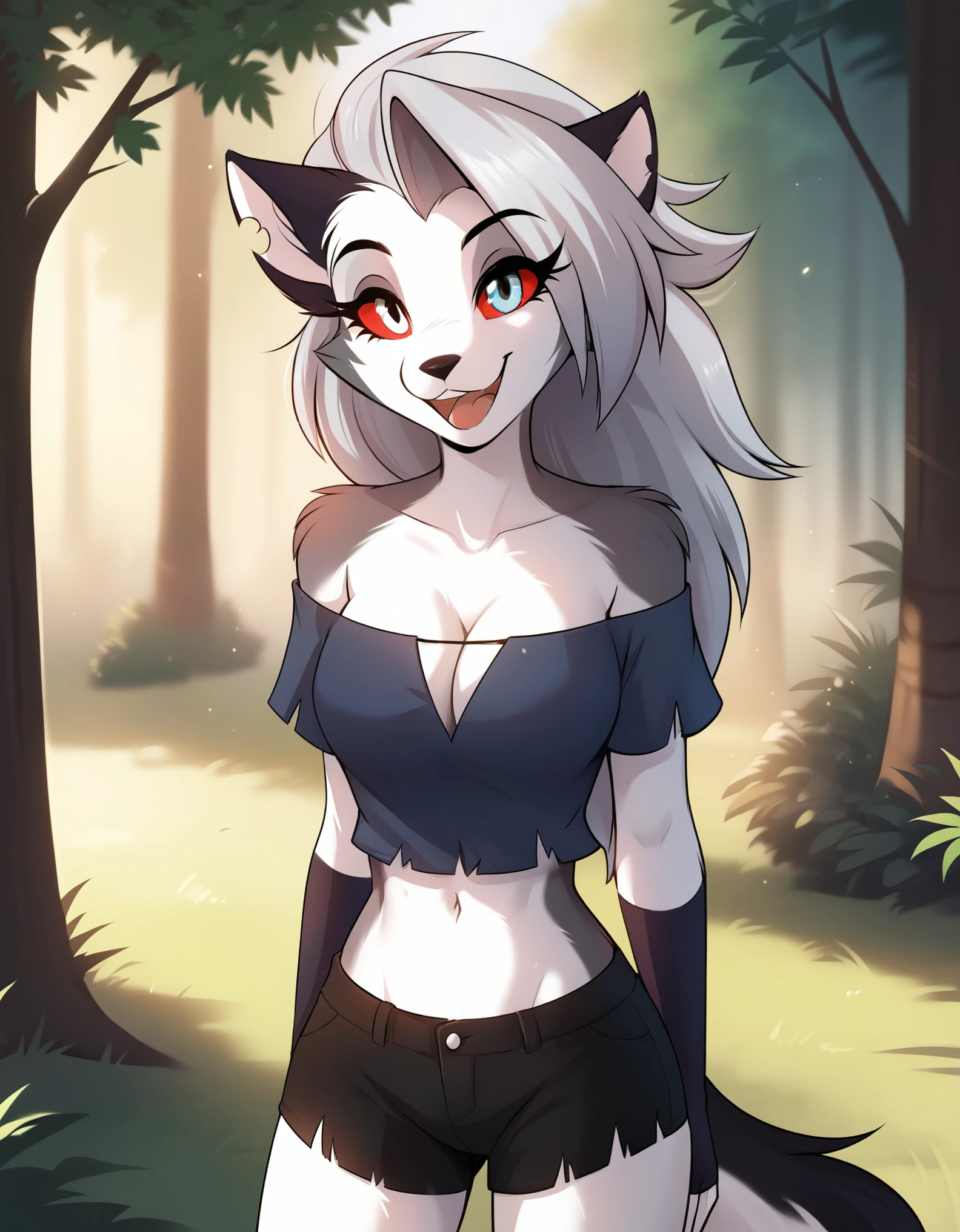 score_9, score_8_up, score_7_up, source_furry, twokinds, tkstyle, 1girl, solo, female, anthro, (tomfischbachcolour:1.8),(three-quarter portrait:1.5), forest, tree, leaf, grass, explorer, crop top, short shorts, midriff, cleavage,, (happy:1.2), (determined expression:0.7),, loona \(helluva boss\),