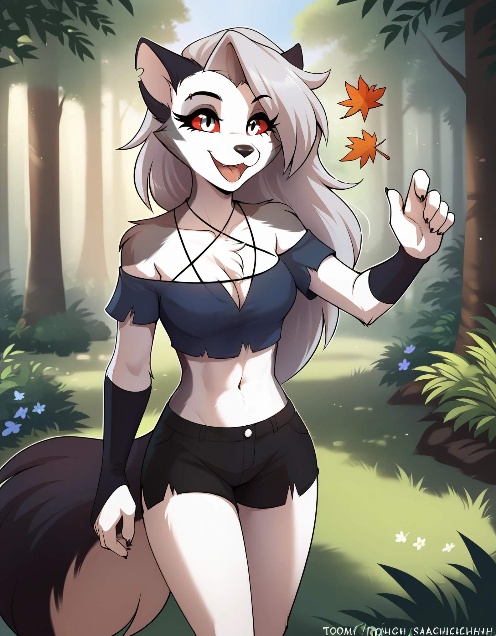 score_9, score_8_up, score_7_up, source_furry, twokinds, tkstyle, 1girl, solo, female, anthro, (tomfischbachcolour:1.8),(three-quarter portrait:1.5), forest, tree, leaf, grass, explorer, crop top, short shorts, midriff, cleavage,, (happy:1.2), (determined expression:0.7),, loona \(helluva boss\),