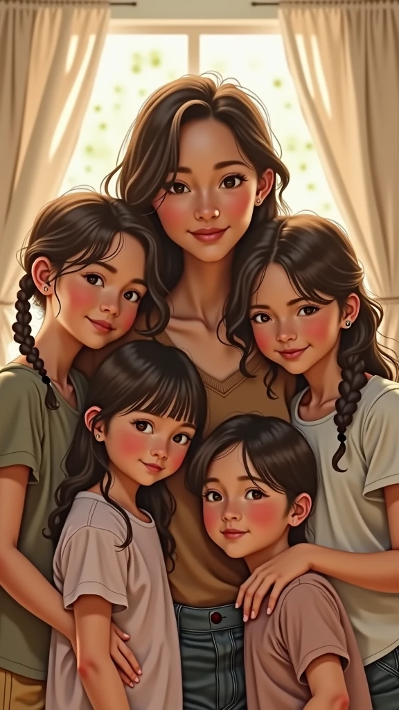Mom with long, straight black hair and a teenage daughter with long, wavy brown hair,  a four-year-old son with short straight black hair and a one-year-old daughter with brown curly hair 