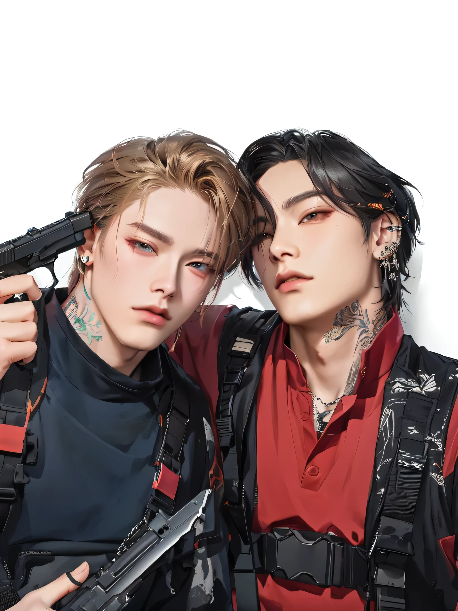 they are two people with guns and tattoos posing for a picture, inspired by Yanjun Cheng, nixeu and sakimichan, artwork in the style of guweiz, realistic artstyle, sakimichan and frank franzzeta, high quality fanart, realism artstyle, cai xukun, official fanart, kda, sakimichan, realism art