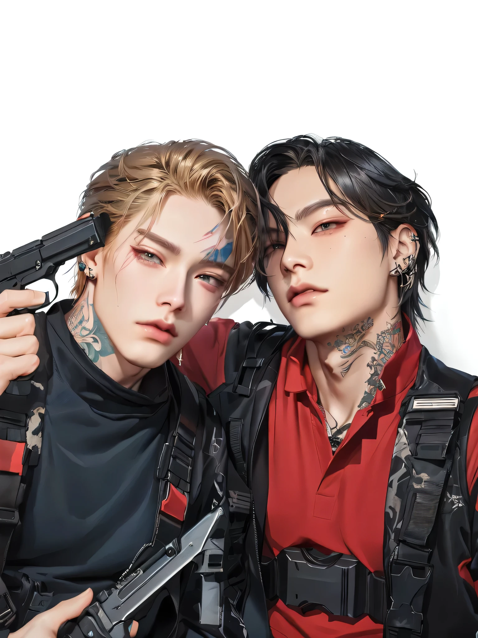 they are two people with guns and tattoos posing for a picture, inspired by Yanjun Cheng, nixeu and sakimichan, artwork in the style of guweiz, realistic artstyle, sakimichan and frank franzzeta, high quality fanart, realism artstyle, cai xukun, official fanart, kda, sakimichan, realism art