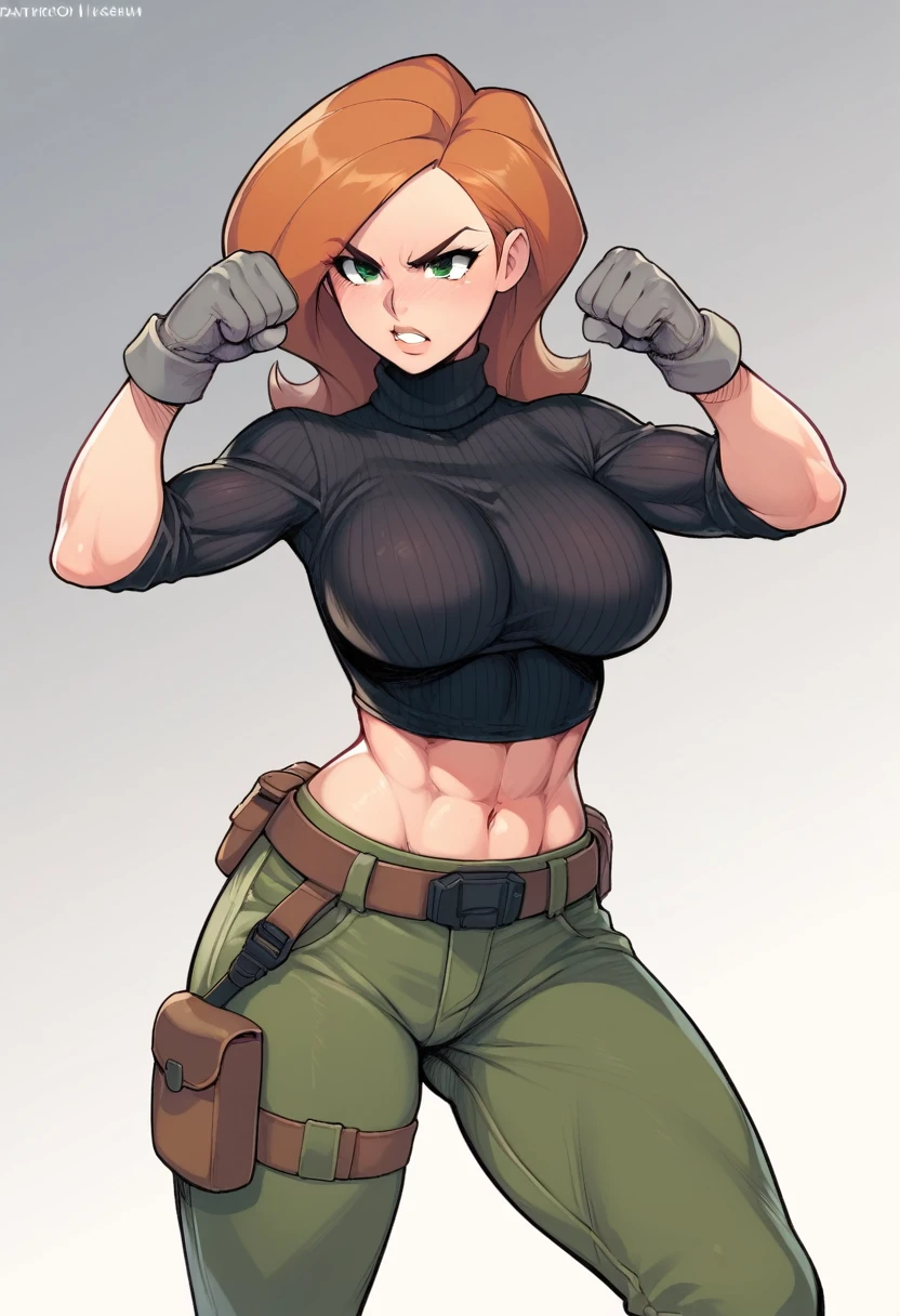 score_9, score_8_up, score_7_up, BREAK, 1girl, large breasts, mature female, annpossible, cargo pants, black shirt, turtleneck sweater, midriff, gloves, dark green pants, toned, grey gloves, utility belt, fighting stance, gradient background, brown belt, clenched hands,