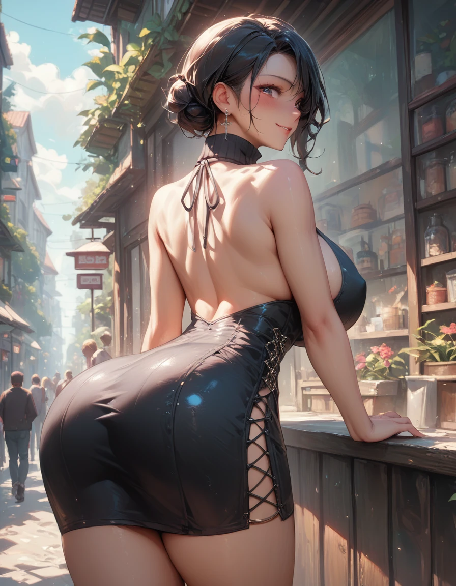 1girl,company background,,ruanyi1005,backless dress,black dress,sleeveless,turtleneck,short dress,tight dress, cowboy shot,from behind,bent over,cross-laced clothes,huge ass,looking at viewer,score_9, score_8_up, score_7_up, score_6_up, score_9, score_8_up, score_7_up, score_6_up source_anime, blush, 1girl, seduce smile, perfect body , natural huge breasts
