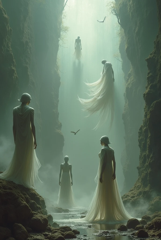 spiritual demons, without strength, eyes and thin hands flying around inside a temple