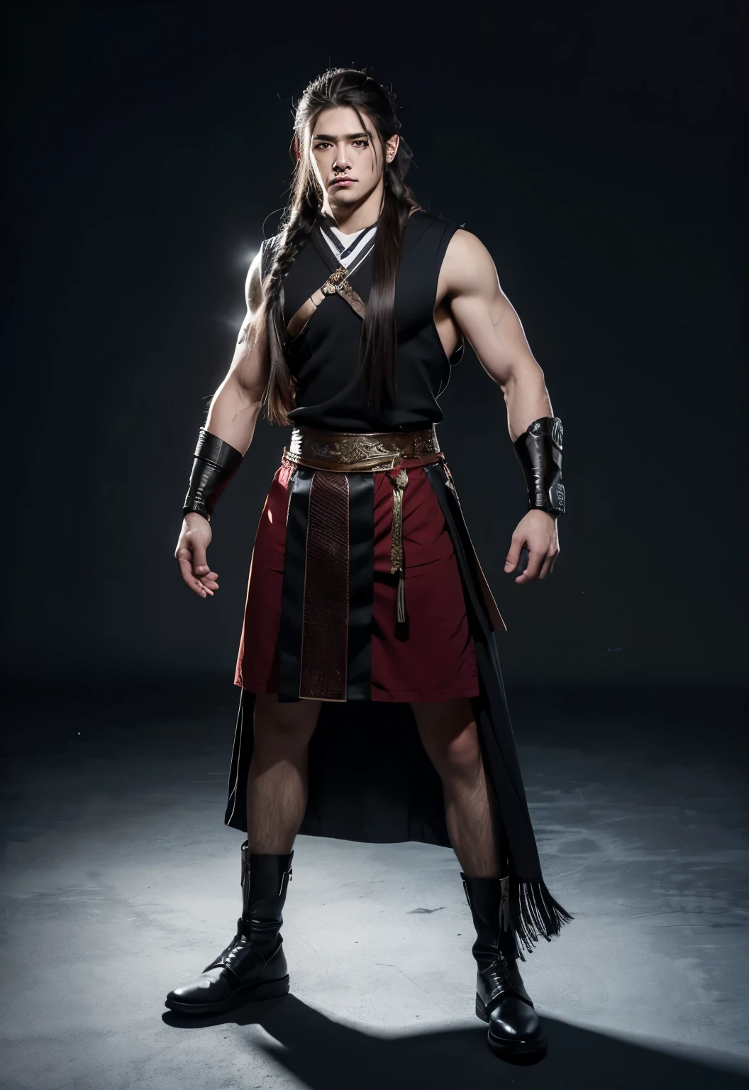 A man 20 years old, long hair, boxer braid, black eyes, roupa viking, full body, standing, High resolution, detailed