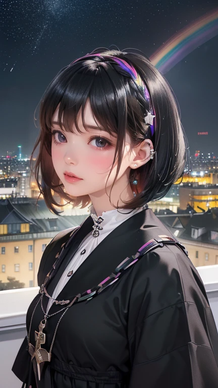 beauty, hidden face, 1 female, high quality, (【【8k, desktop, 最OK, official art, beauty詳細, ((Building rooftop: 1,3)), ((Gothic_punk, Solitary, Medium shot, Take a walk on the rooftops of Harajuku, ((night)), Vague, Neon, Rainbow eyes, Starry Sky, Shiny black hair, White eyebrows, Shiny hair, (Rainbow Black Hair), Earring, OK, Jewelry, Dark bangs, Busy eyes, Background Vague, Vague, Hair accessories, look, Short hair, portrait, Side Lock rest ((Swedish girl, White skin, White)),((Women&#39;s business suit:1.3)), rest (Gal: 1. 1),(charm: 1. 3),(night),(Supermodel: 1.3)),rest ((earring, ring)), Cowboy shooting,((Tall people)),((Android)),((Look Up)),((Top corner:1. 3)), From above, Looking at the camera,((Event Partners)),((Thin through)) Bodycon bra with shoulder straps))