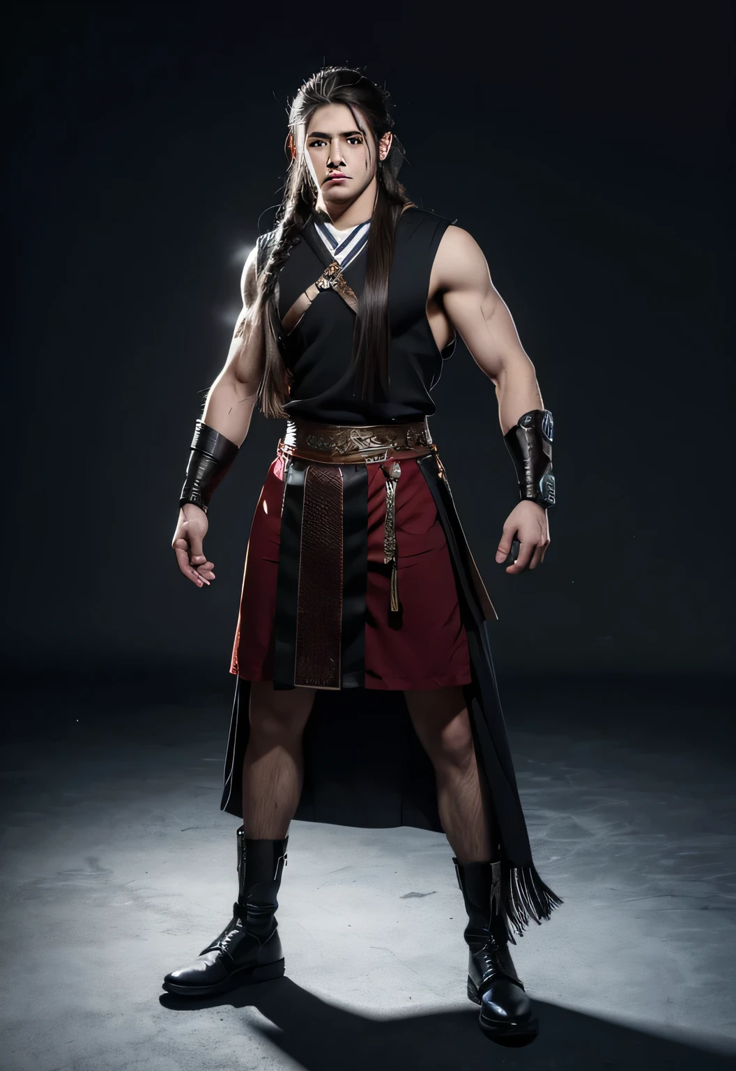 A man 20 years old, long hair, boxer braid, black eyes, roupa viking, full body, standing, High resolution, detailed