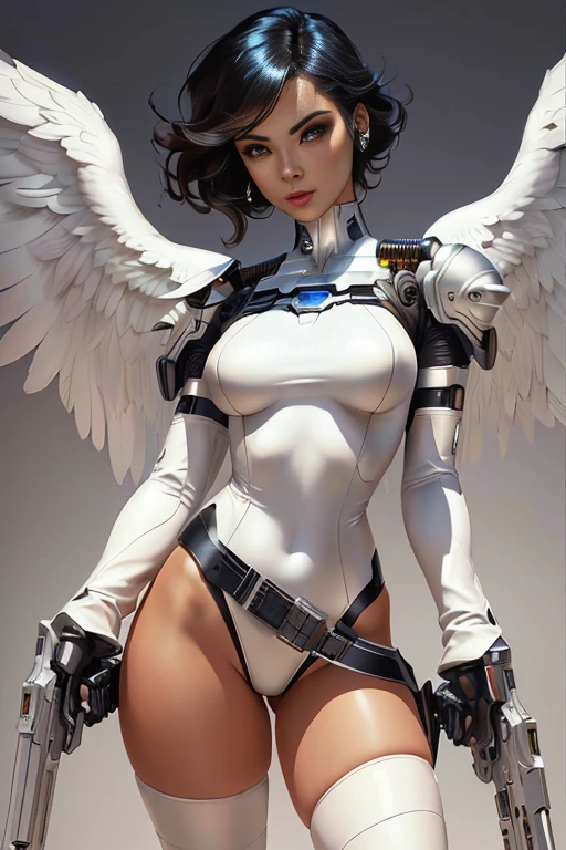 a woman with a gun and angel wings is posing for a picture, beautiful cyborg angel girl, angel knight girl, angel in plastic armor, futuristic robot angel, angel knight gothic girl, artgerm julie bell beeple, extremely detailed artgerm, battle angel, alena aenami and artgerm, chris moore. artgerm, like artgerm