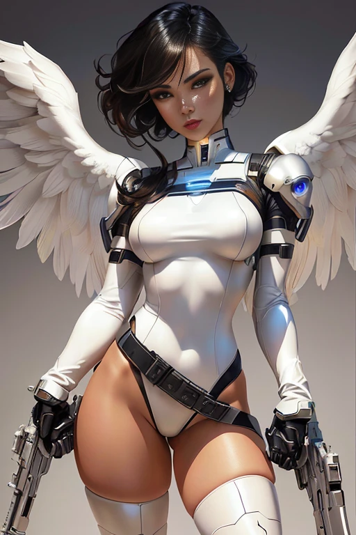 a woman with a gun and angel wings is posing for a picture, beautiful cyborg angel girl, angel knight girl, angel in plastic armor, futuristic robot angel, angel knight gothic girl, artgerm julie bell beeple, extremely detailed artgerm, battle angel, alena aenami and artgerm, chris moore. artgerm, like artgerm