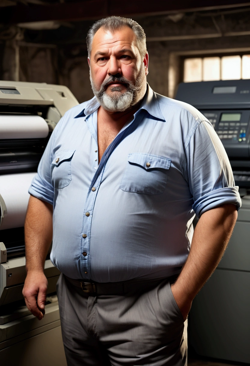 full figure shot photography of an italian strong massive big chubby 50 year old man , big cock, trousers, manly chest, unbuttoned shirt, short beard, shirtless, printer in an old printing house, next to a huge old printer, dim light, side light, ambient occlusion