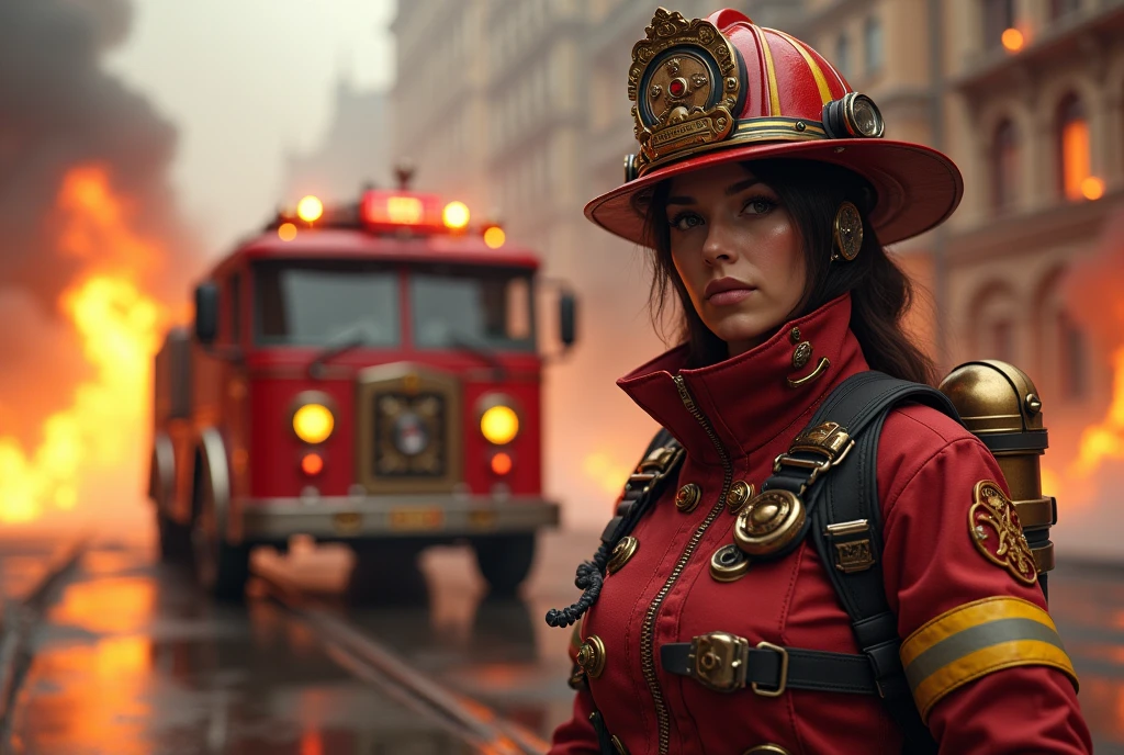 beautiful female firefighter next to fire truck