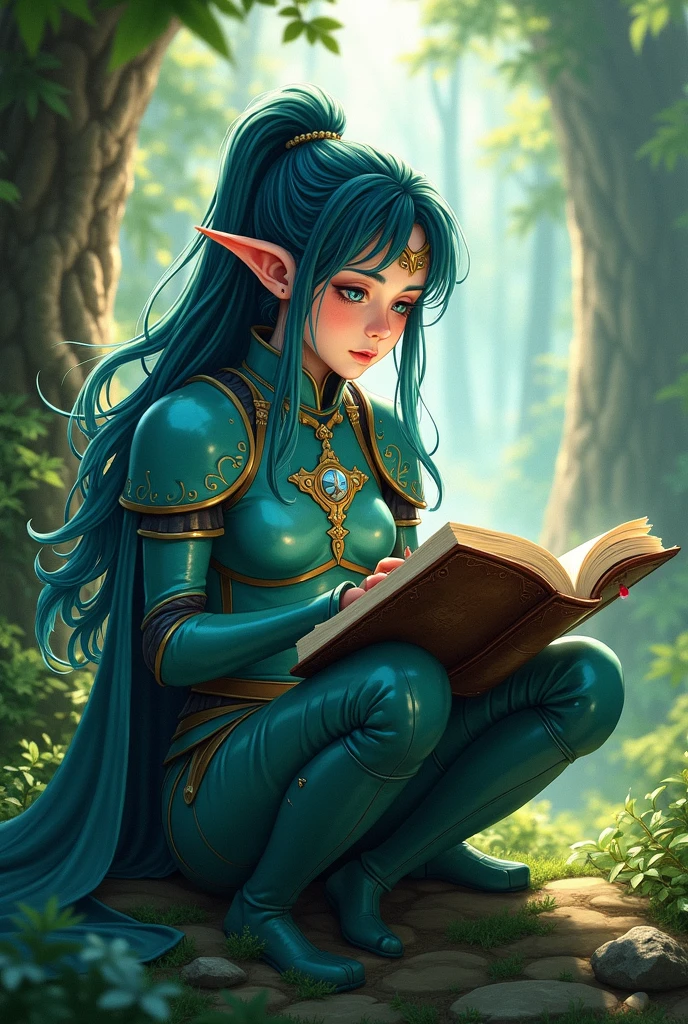 (high res, best quality, masterpiece) realistic drawing, soft lighting, vivid colors, HD 4K, adult woman, (solo), woman with lizard scales, (scales on arms, scales on legs), green reptilian scales, yellow eyes, (highly detailed eyes), studious, in a library, tribal markings, red paint, pale skin, greyish skin, smoot skin, full body, slim body, tinker's outfit, wearing a top, has on a hood, wearing pants, long pants, black pants with ruffles at the bottom
