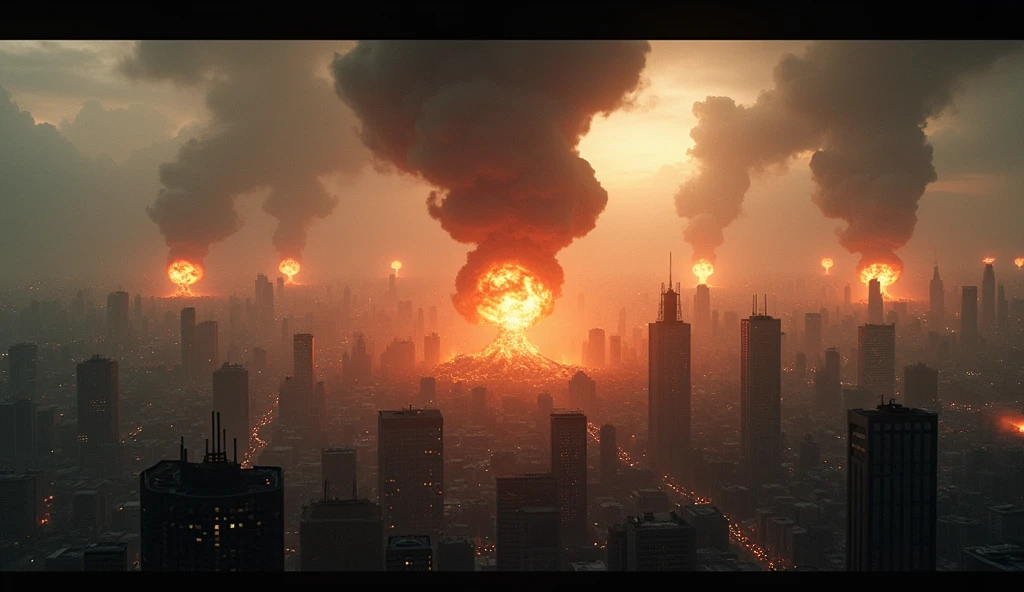 Arafed view of a city with a river and a tall building, Golden Hour em Pequim, City sunset and charged clouds , Great flames and fire engulf the city and consonate the buildings, ambiente apocalipse. milhares de pessoas correndo do fogo