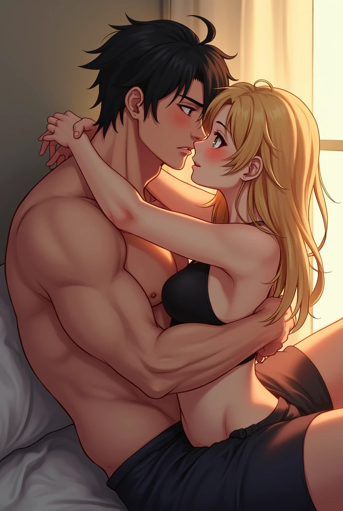 I would like to get an anime-style image of a couple consisting of a man with long black hair, tied in a ponytail and a tattoo, stripped to the waist, kissing a woman with wheat-colored bob hair, parted on the side, and in gray-blue lace underwear, she hugs him around the neck.