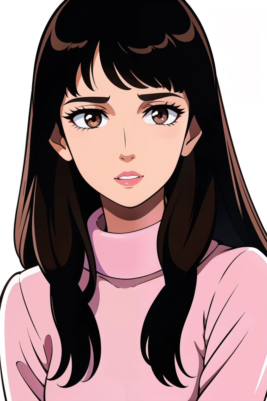 Girl, long brown hair, brown eyes, sharp features, white skin, pink lips, sweater