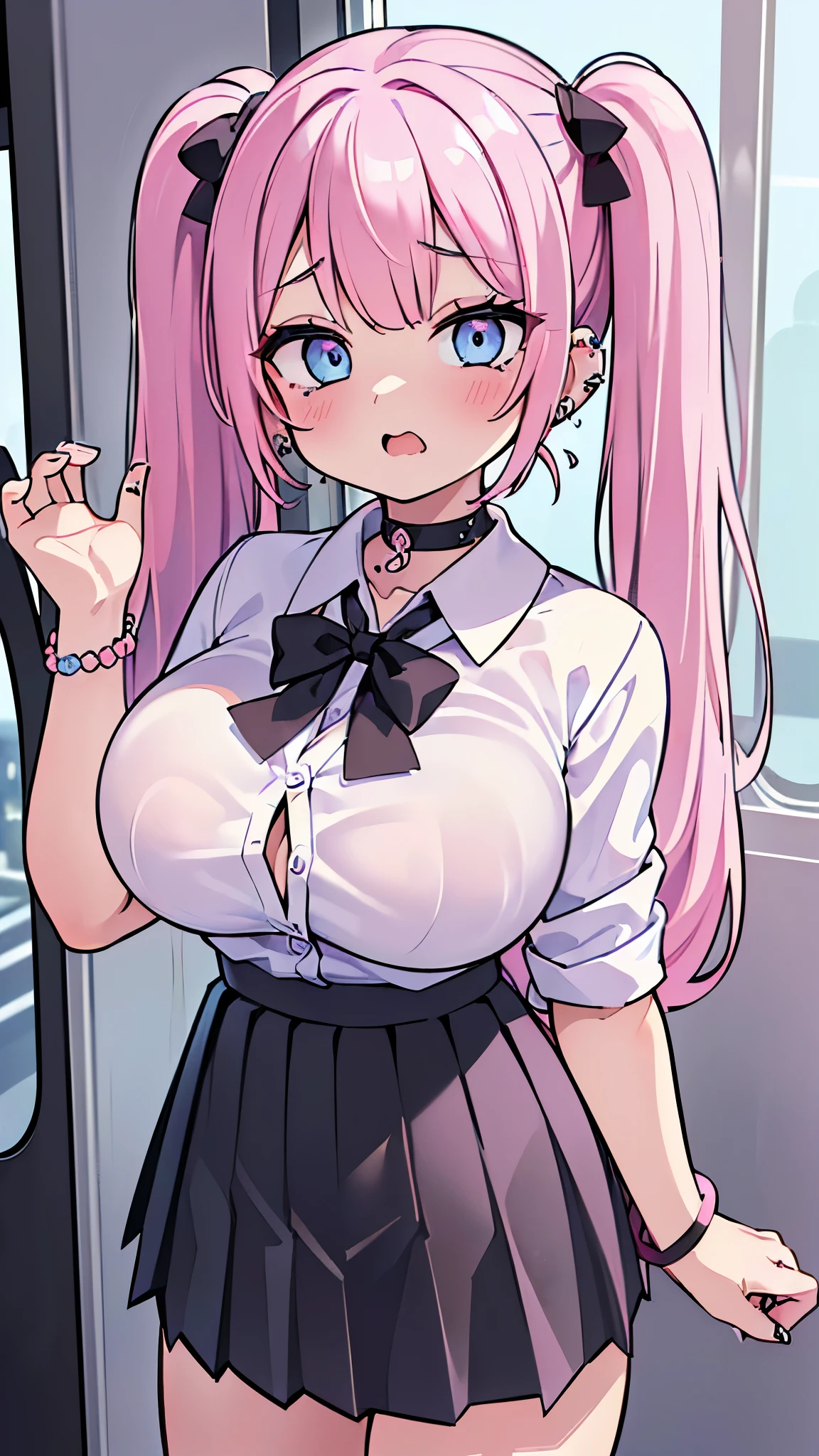 ((masterpiece、Best Quality、Super detailed)、((One person))、((Pink Hair))、((Twin tails))、((Light blue eyes))、evil smile、((lots of piercings))、((Very large breasts))、((White collared shirt))、((clavicle))、bracelet、((Black pleated skirt))、((micro miniskirt))、Cowboy Shot、((breasts_on_Glass))、Train interior background