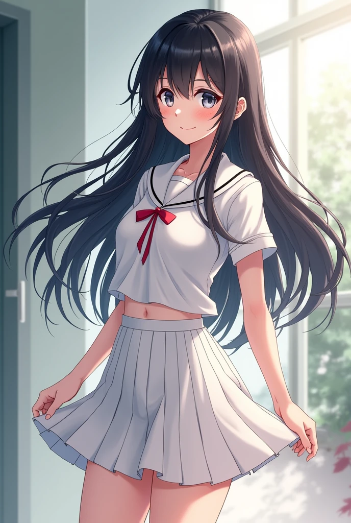 1girl in, 独奏, White polo shirt, white panties、White sneakers, Tennis Wear, White pleated skirt, the skirt is short、tmasterpiece, best qualtiy, realisticlying, ultra - detailed, (shiny skins, perspired:1.4), looking at viewert, With long black hair, with brown eye,slenderness,dynamic light and shadow,hight resolution,Sharp Focus,depth of fields,Eyes are delicate,Sharp pupils,outside of house,Skysky