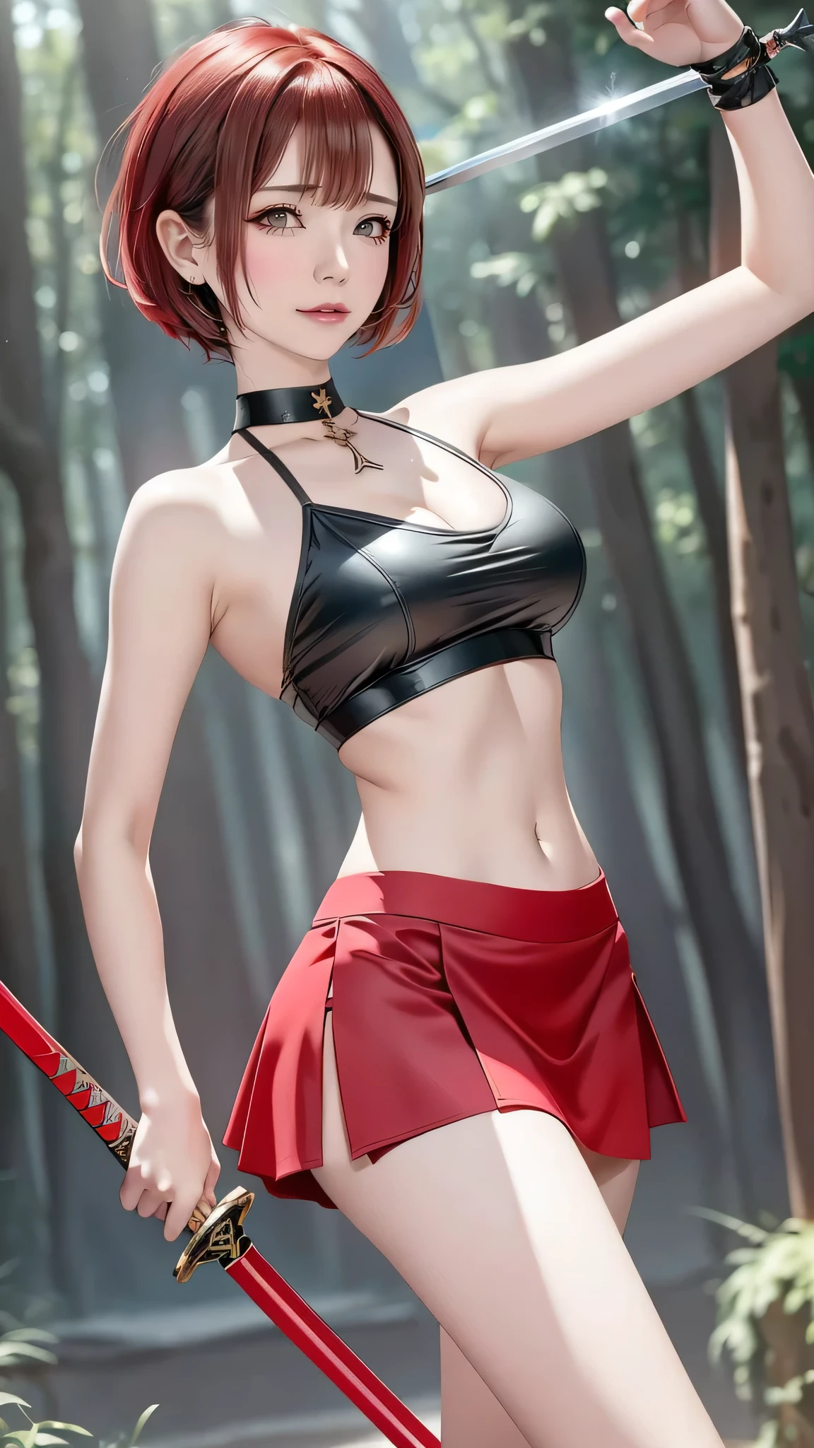 Medieval Knight,(Short Hair:1.6), Red pupils, girl, armor, masterpiece, 最high quality, high quality, red and black crystal necklace, Black knee socks,(Big Breasts:1.4),Cleavage,Glare,Topless,Beautiful Face,(Abdominal muscles:1.4)