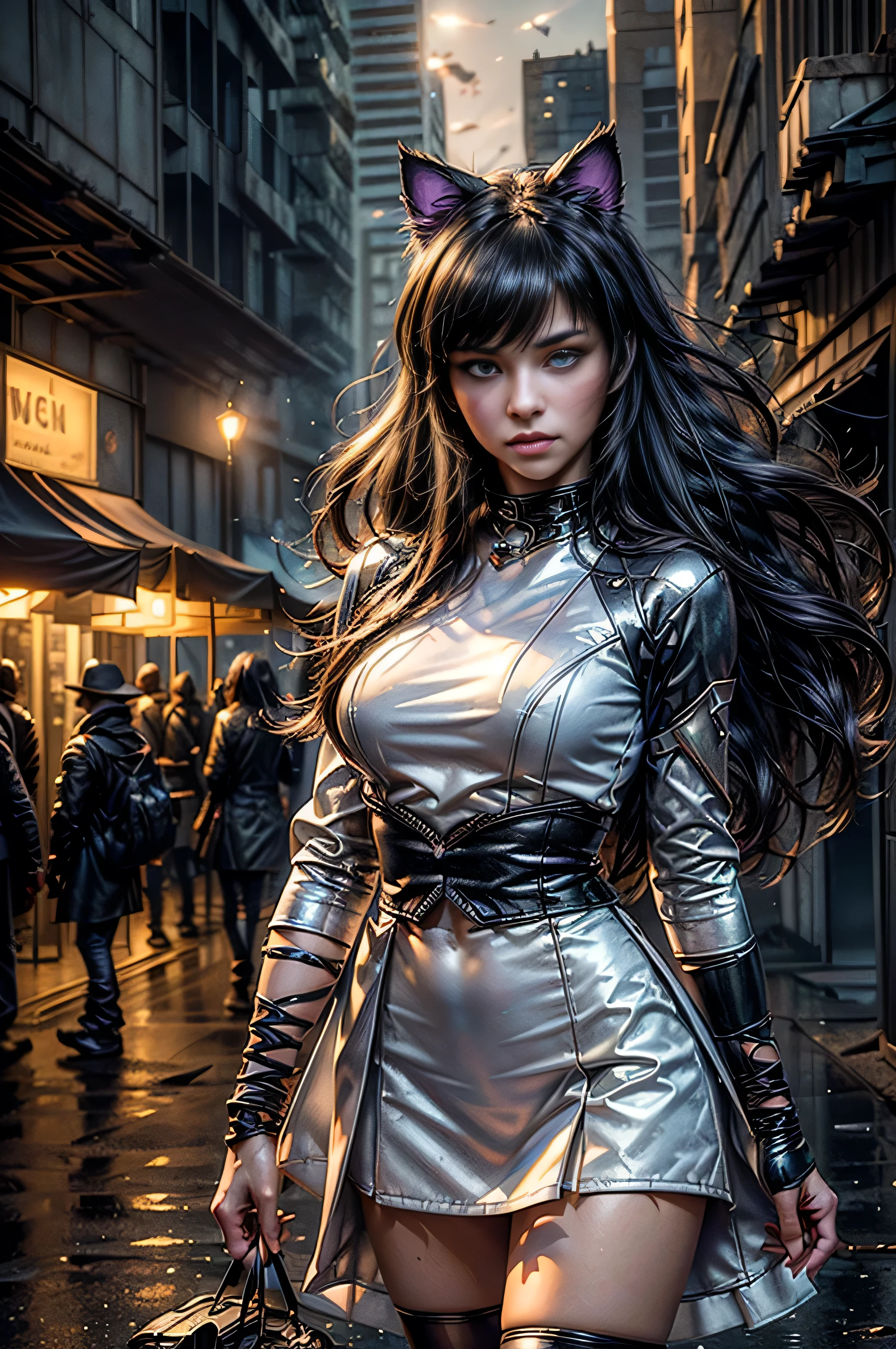 (masterpiece, best quality:1.2), cowboy shot, blake belladonna, cat ears, white shirt, detached sleeve, mini skirt, night, stars, walking in post apocalyptic city, buildings in ruins, debris, bonfire, street market, stalls, crowd, (masterpiece,stunning girlfriend, heart shaped face, elegant face, beautiful face, highly detailed face, highly detailed skin, skin pores, subsurface scattering, realistic pupils, looking at viewer, full lips, detailed background, depth of field, atmospheric perspective, volumetric lighting, sharp focus, absurdres, realistic proportions, good anatomy, (realistic, hyperrealistic:1.4), 16k hdr,