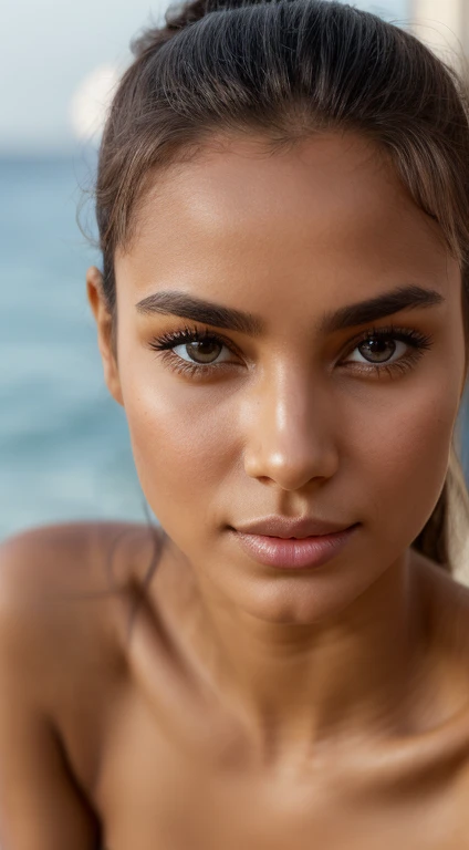 "Retrato de corpo inteiro da menina atraente com cabelo encaracolado, figura pequena, beach setting, beautiful face, pele morena do Sol, Mulher Latina, Central American Woman, Dominican Republic. Mostre sua beleza natural. ((pele altamente detalhada, detalhes da pele)), alegre, foco nítido, 8k UHD, DSLR, alta qualidade, filmic grain, luz de aro, cromo koda, seios grandes estourando (((tiro de corpo inteiro))),