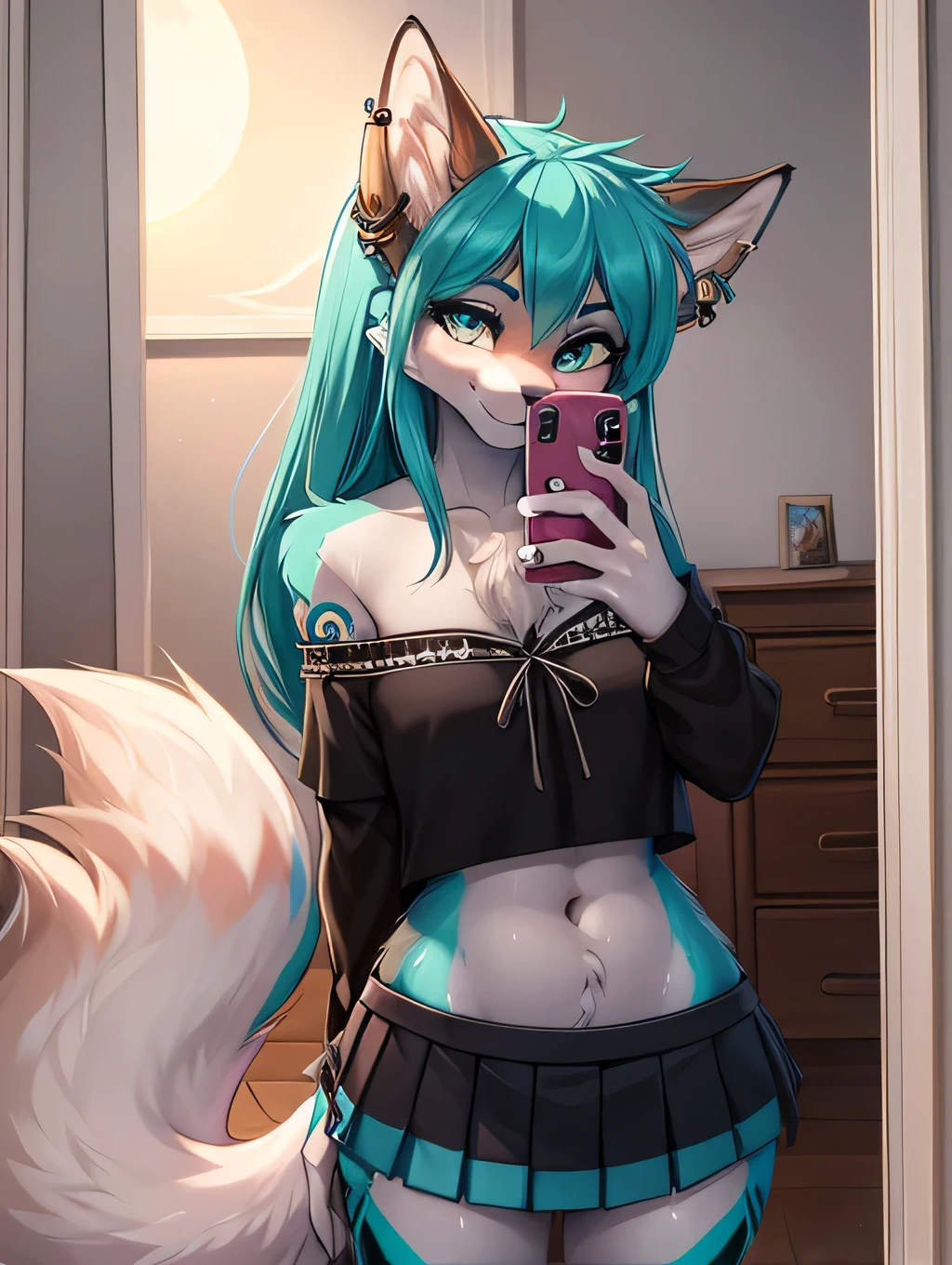 miku hatsune add high definition_Detail:1, blue fur,kitsune ears, tribal tattoo add_Detail:1, She takes a selfie in front of the mirror in a room during the full moon showing off her beautiful figure and outfit.. (black off shoulder blouse, Pleated miniskirt)sweaty body added_Details:1, smiling add_Detailsl:1, ear piercing add_Detail:1, elongated fox snout