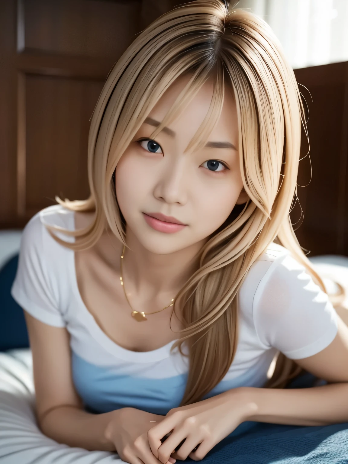 busty japanese lady、whole body、front、The most beautiful woman in Japan、Casual Style、Leaning forward、Bright eyes with sharp details(Looking into the camera)Blonde、
