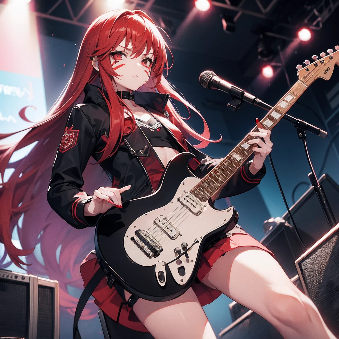 A girl with long red hair.small chest,wearing short Rockeira clothes,face painted white with black details,egurand a guitar at a rock concert,do it in the rocker position, she is stepping on skulls,there are viruses around her.