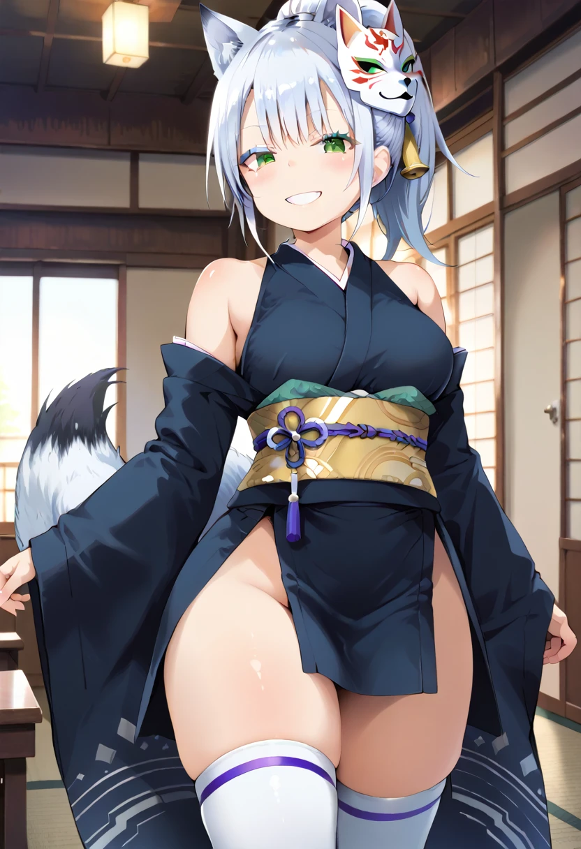 score_9, score_8_up, score_7_up, source_anime, masterpiece, absurdres, perfect face, solo cute expression, perfect face, 1girl, solo, white hair, animal ears, (white eyeliner) ,(green eyes), (white eyeshadow), (white eyelashes), FujisakaLP, bangs, long hair, wolf ears, wolf tail, wide thighs, wide hips, smiling,(mature woman), (big breasts:0.8), best quality, ultra high res, ponytail, extremely detailed face, perfect lighting, ultra high res, ultra detailed, nancy1, looking at viewer, living room, smile, blush, standing, close up view, AyameBase, black kimono, short kimono, hair bell, obi, shimenawa, white thighhighs, bare shoulders, long sleeves, oni mask, mask on head