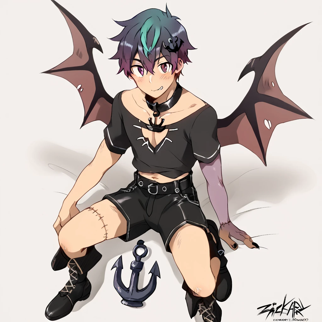 score_9, score_8_up, score_7_up, score_6_up, source_anime, doyagao, gradient hair, black and plum hair, anchor choker, bat ornament, male, male only, 8k, super detail, masterpiece, anime style, stitches, stitched leather Bpb1 By Zackary911