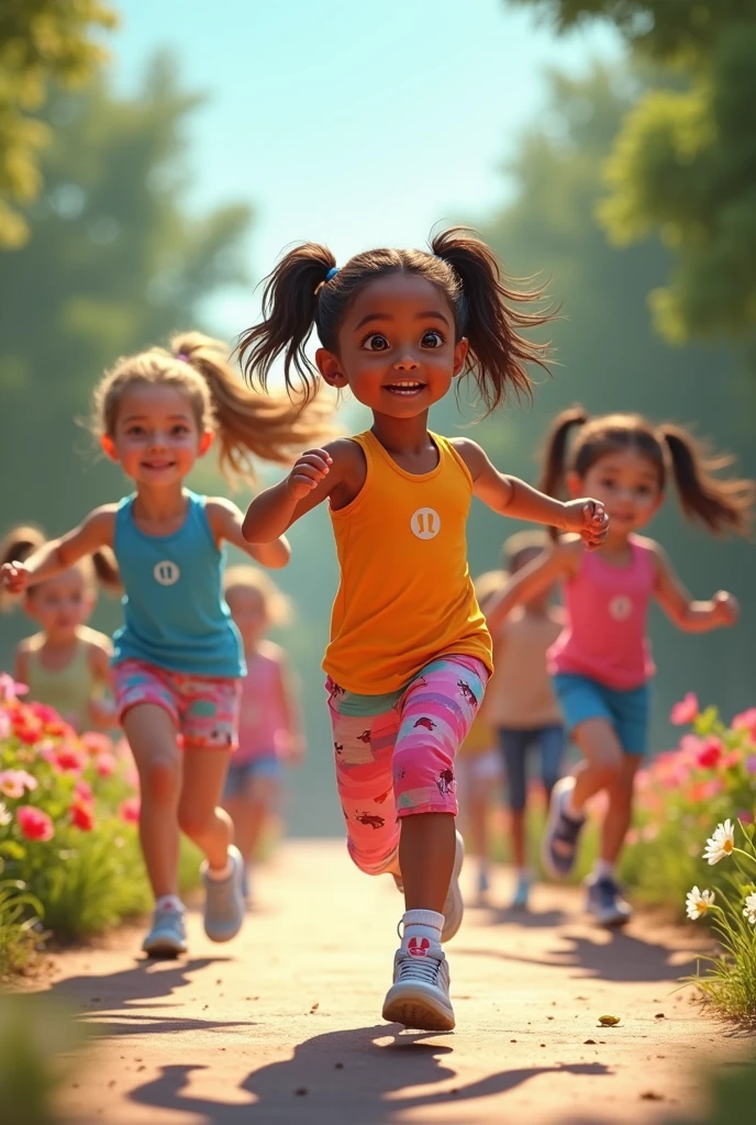 7 year old girl, black hair, yellow dress, pretty, smiling, running.