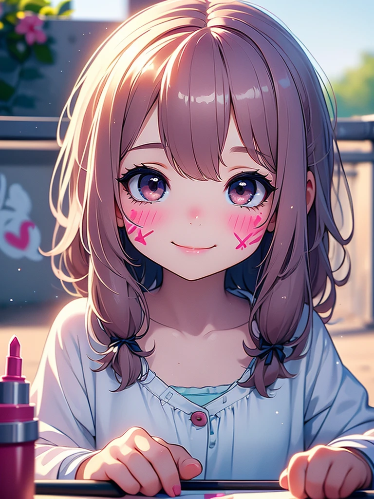 Photo album , Kindergarteners girl , (soft focus ,  Shallow focus , soft light ) , innocent action , innocent  smile , apply lipstick , (Graffiti on face:1.2) , (infant)