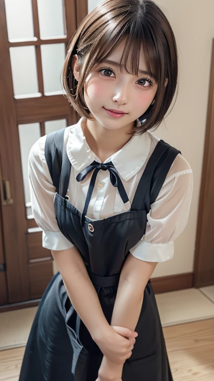 Best image quality, Focus, Soft light, Black hair, (Japanese)), (((Front, 15 years old))), (Depth of field), Ultra high resolution, (Real: 1.4), RAW photo, ((waitress uniform))