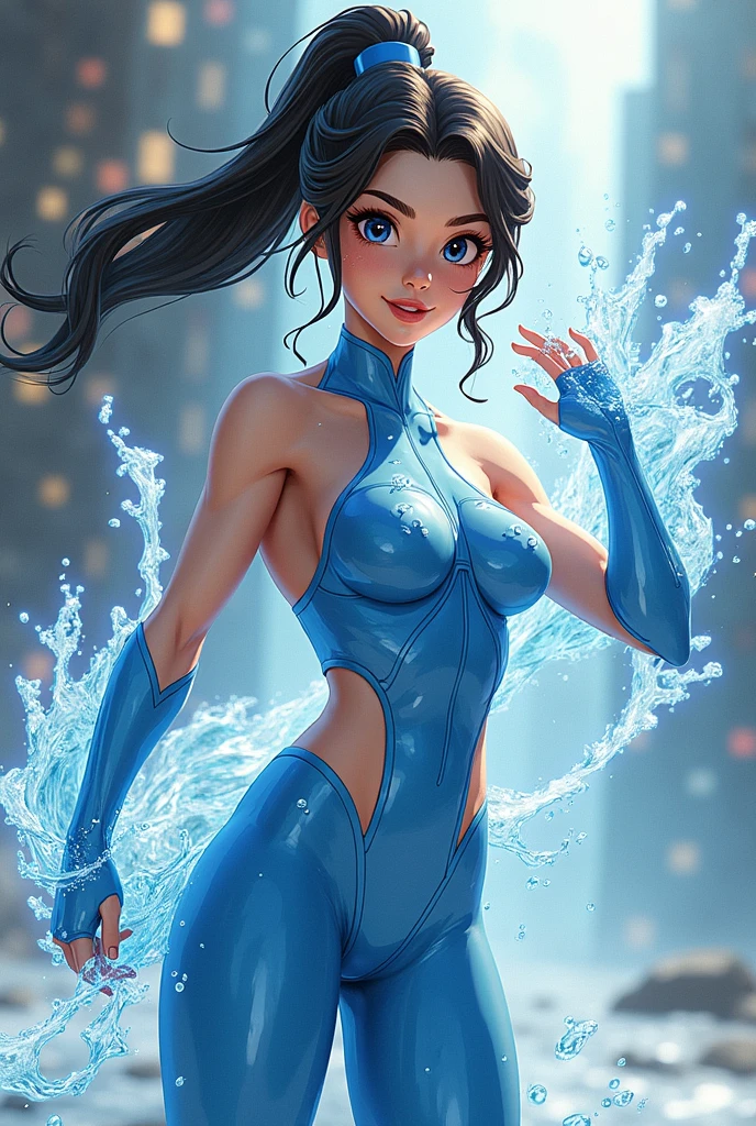 Avatar korra naked, cum on tits, cum all over her naked body, ((cum dripping down her chin)), her legs spread open,  looking at viewer, mid body shot, 