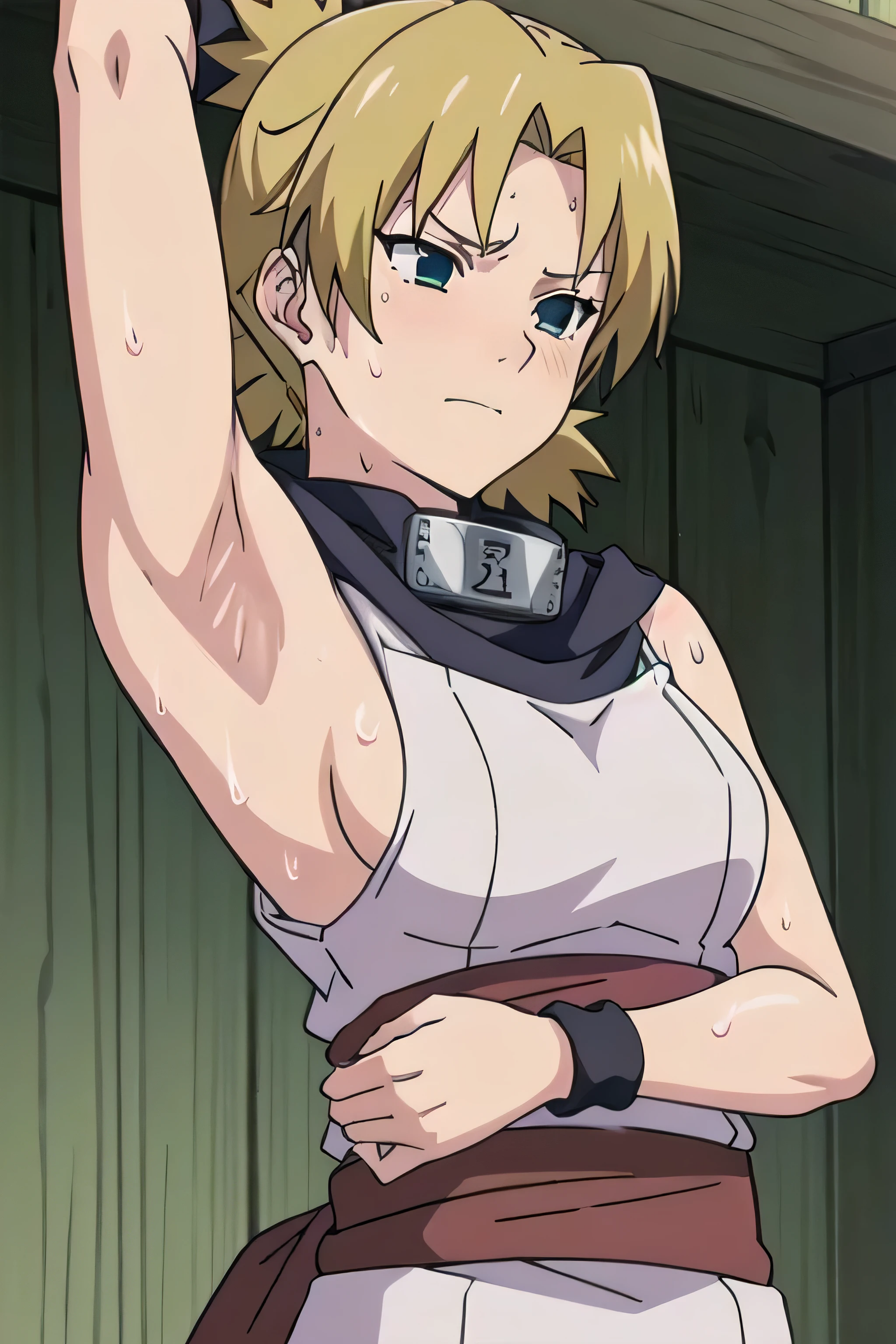 Temari,1girl, solo,armpits,wet armpits, showing wet armpits, armpit,armpits,sweat,sweaty,sweaty armpits,awesome armpits,tired,exhausted,arms up,blackish arm warmers,sleeveless