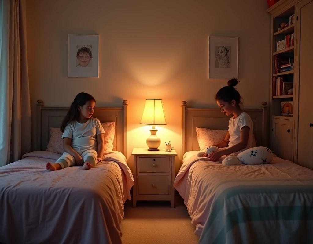 Interior of a dark room, at night. A 10 year old, Ana, She's lying in her bed, playing with a porcelain doll.