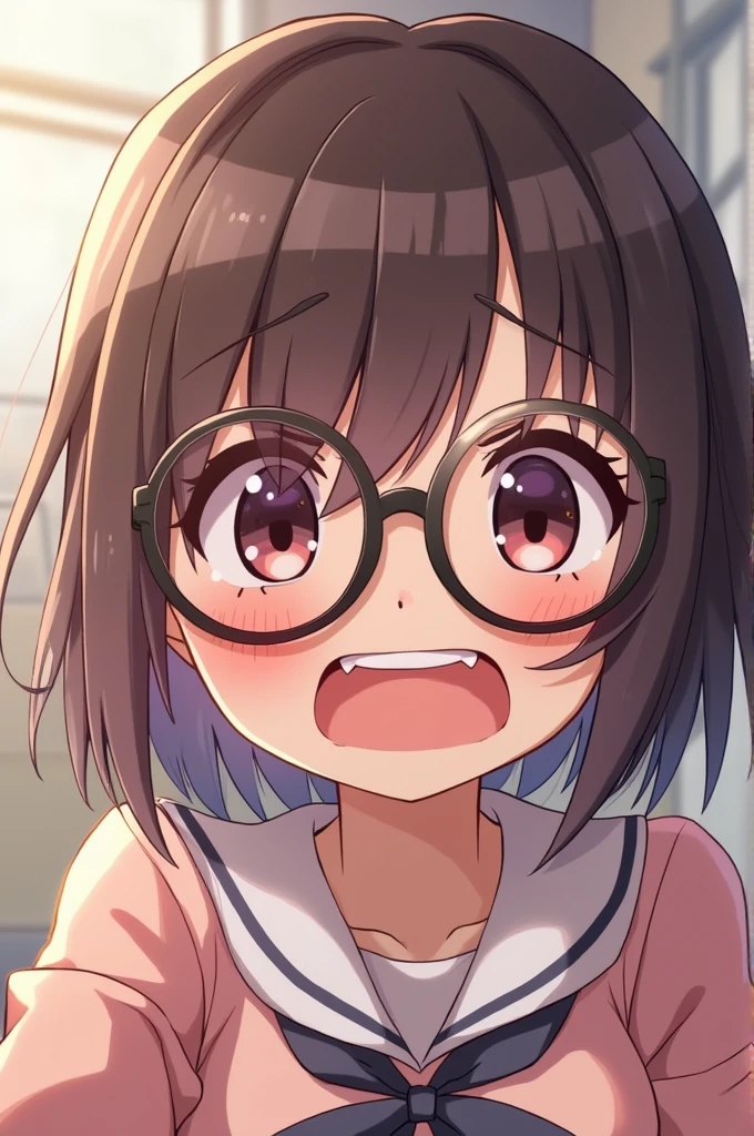 ultra-detailliert, Best Quality, High resolution, ((A petite, black-haired girl with a large face and cute droopy eyes, who wears round glasses and looks up.))、Pretty eyes、Detailed eye depiction、Eye sparkle、Looking at Viewer, pale skin、(((Petite)))、(blush:1.2), (big eye:1.4), a smile, In the park where cherry blossoms dance, Focus on the face, Long hair、On all fours、 ((super close up of tongue))、(((from below))), open_mouth, (((face only))), ((naked)), nsfw, drooling, hyper sweat,