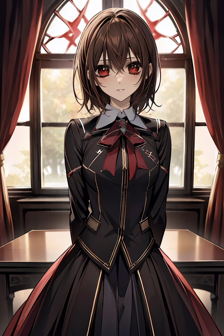 (absurdres, highres, ultra detailed, HDR), masterpiece, best quality, Yuki Cross, 1woman, solo, beautiful, brown hair, vibrant red eyes, finely eye and detailed face, window, red curtains, black uniform, vampire knight, arms behind back, 