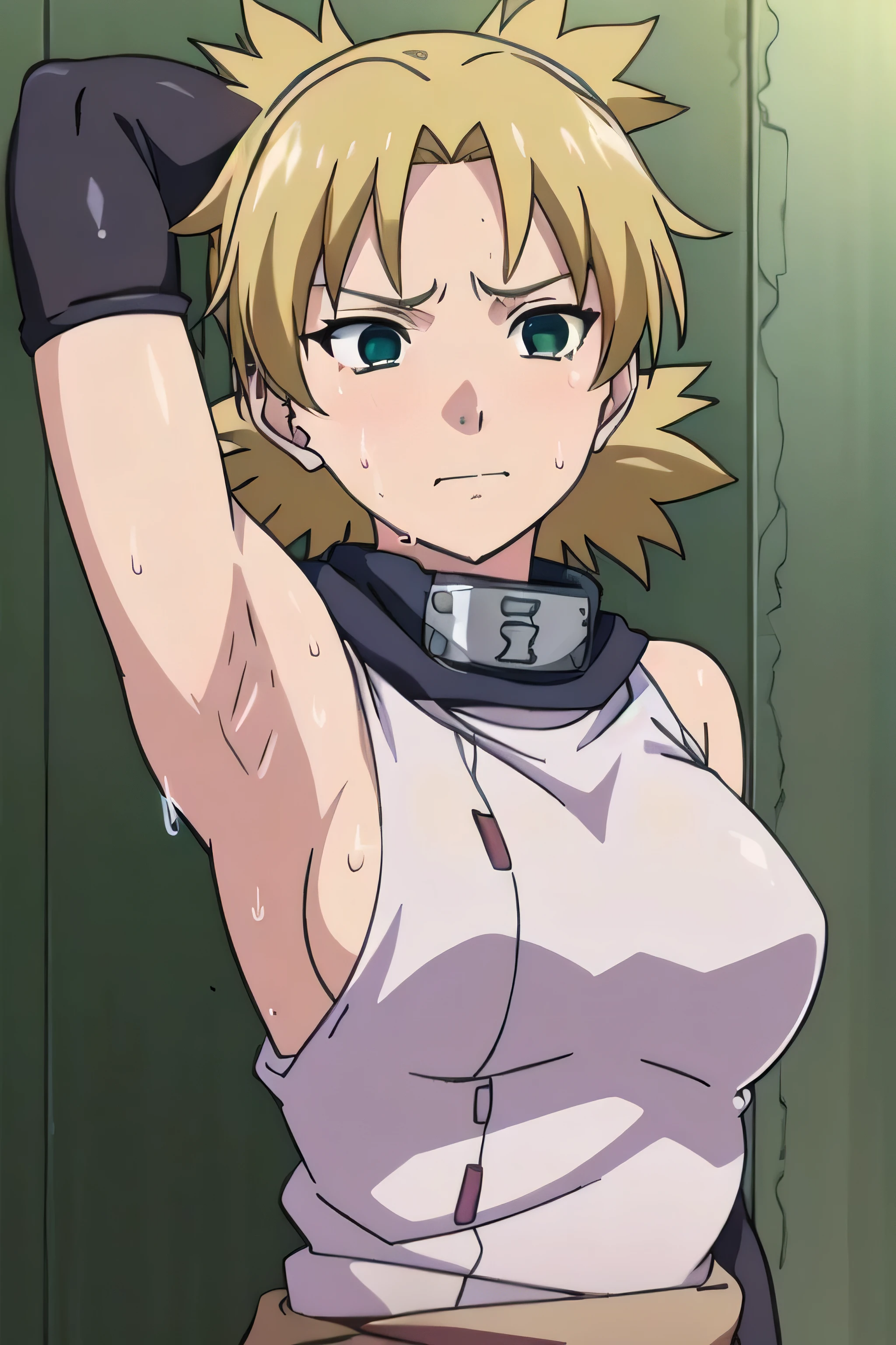 Temari,1girl, solo,armpits,wet armpits, showing wet armpits, armpit,armpits,sweat,sweaty,sweaty armpits,awesome armpits,tired,exhausted,arms up,blackish arm warmers,sleeveless