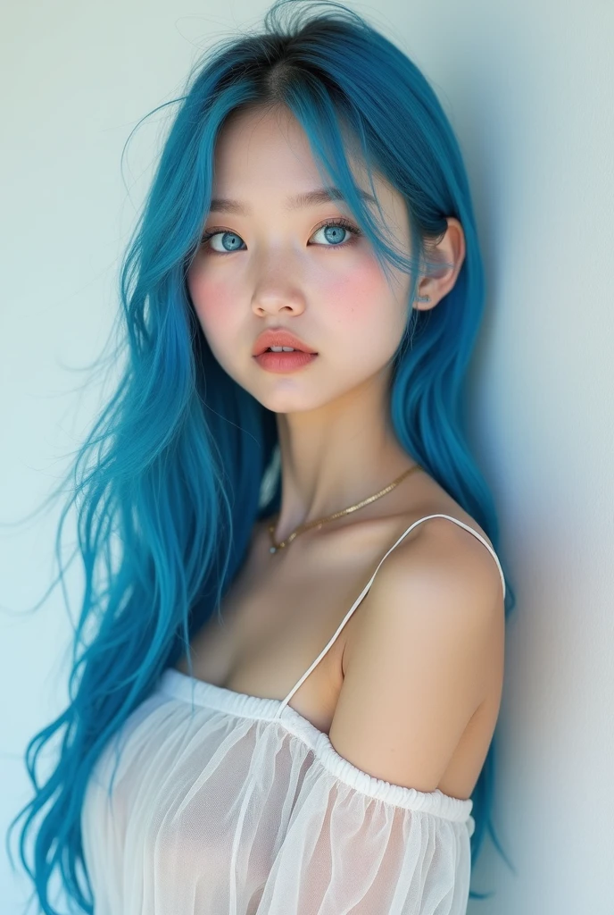 Asian girl, blonde hair, blue highlights, long hair, pretty, delicate, slim face, oval face, beautiful