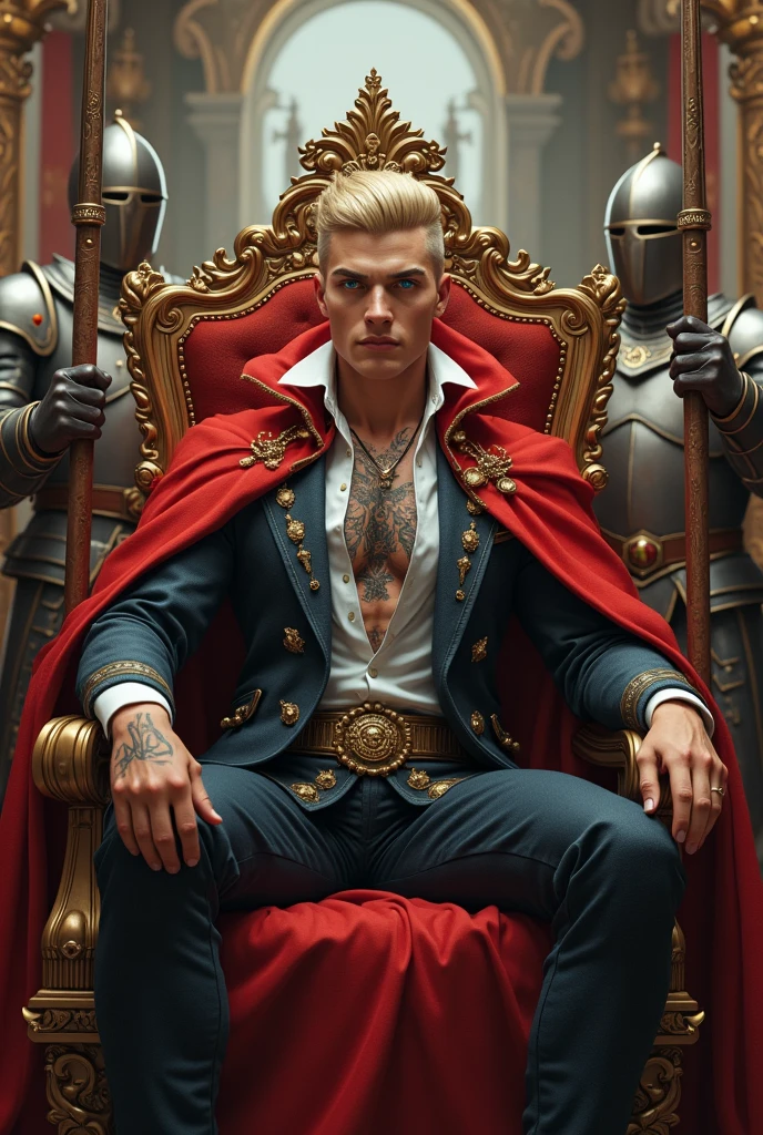 Half naked Muscular prince white hair, with Silver crown, wearing only thong, sitting on the huge iron throne , dark atmosphere 