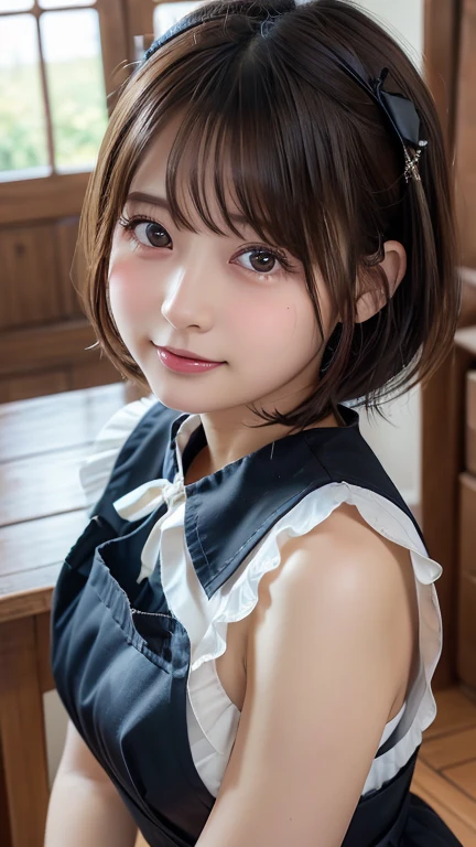 a beauty girl、crouching down、Bright smile、outside of house、shinny skin、blurry backround、short-cut、Upper body close-up、Smile from above、with round face、tiny body、Slimed、flat body、closes mouth、High School Uniforms、１４Pretty girl years old、Loli with an elementary school face、((hair clips)),(Girl in a glass bottle:1.5)