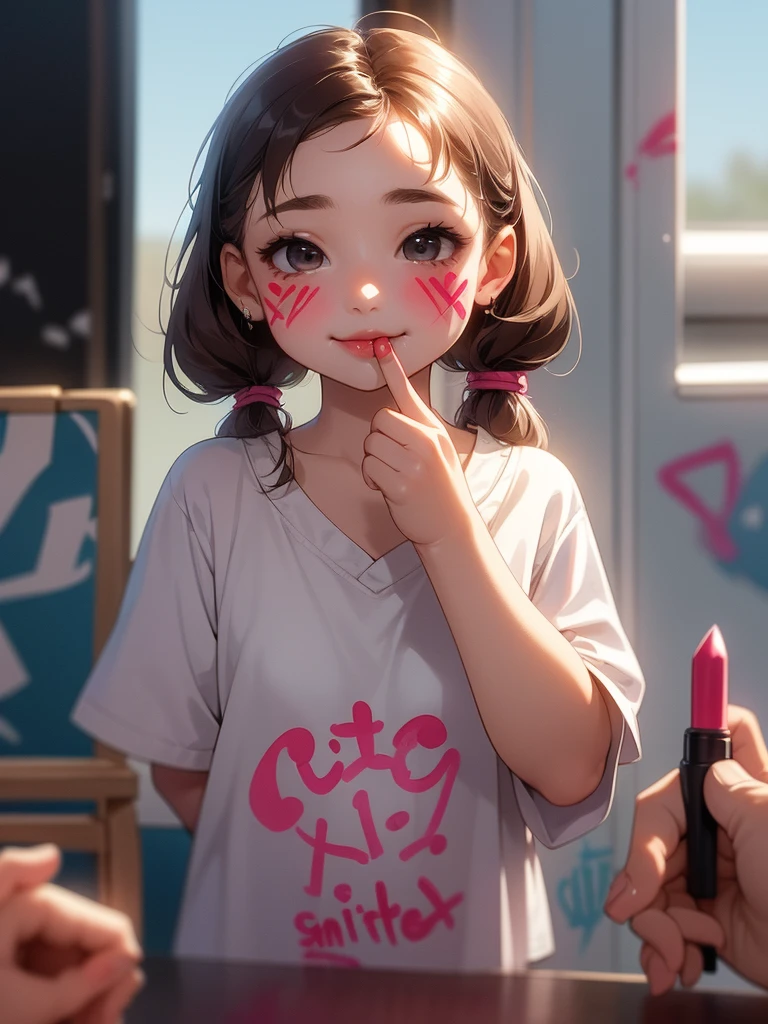 Photo album , Kindergarteners girl , (soft focus ,  Shallow focus , soft light ) , innocent action , innocent  smile , apply lipstick , (Graffiti on face:1.2) , (infant) , childish hair tie , lipstick