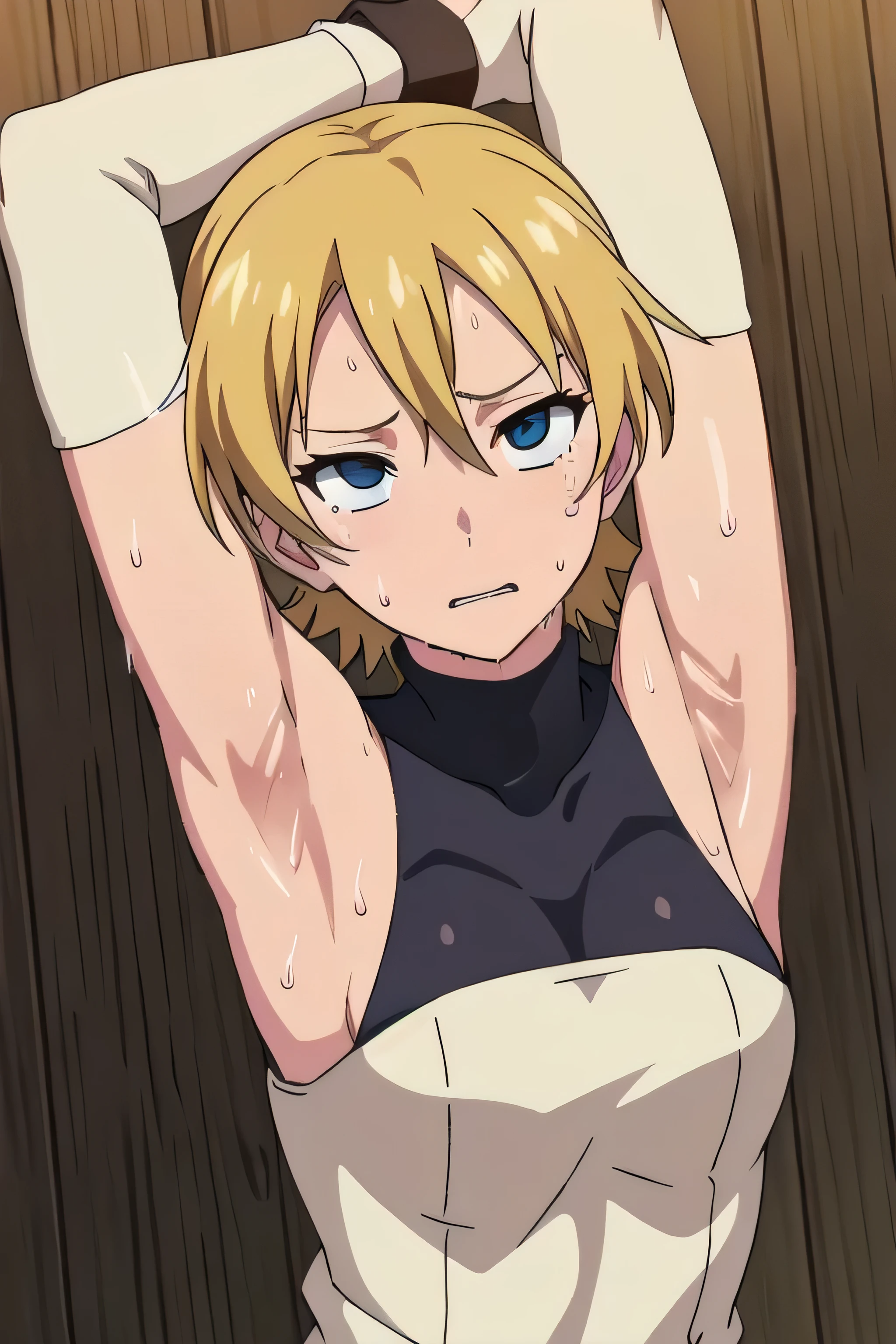 Temari,1girl, solo,armpits,wet armpits, showing wet armpits, armpit,armpits,sweat,sweaty,sweaty armpits,awesome armpits,tired,exhausted,arms up,blackish arm warmers,sleeveless