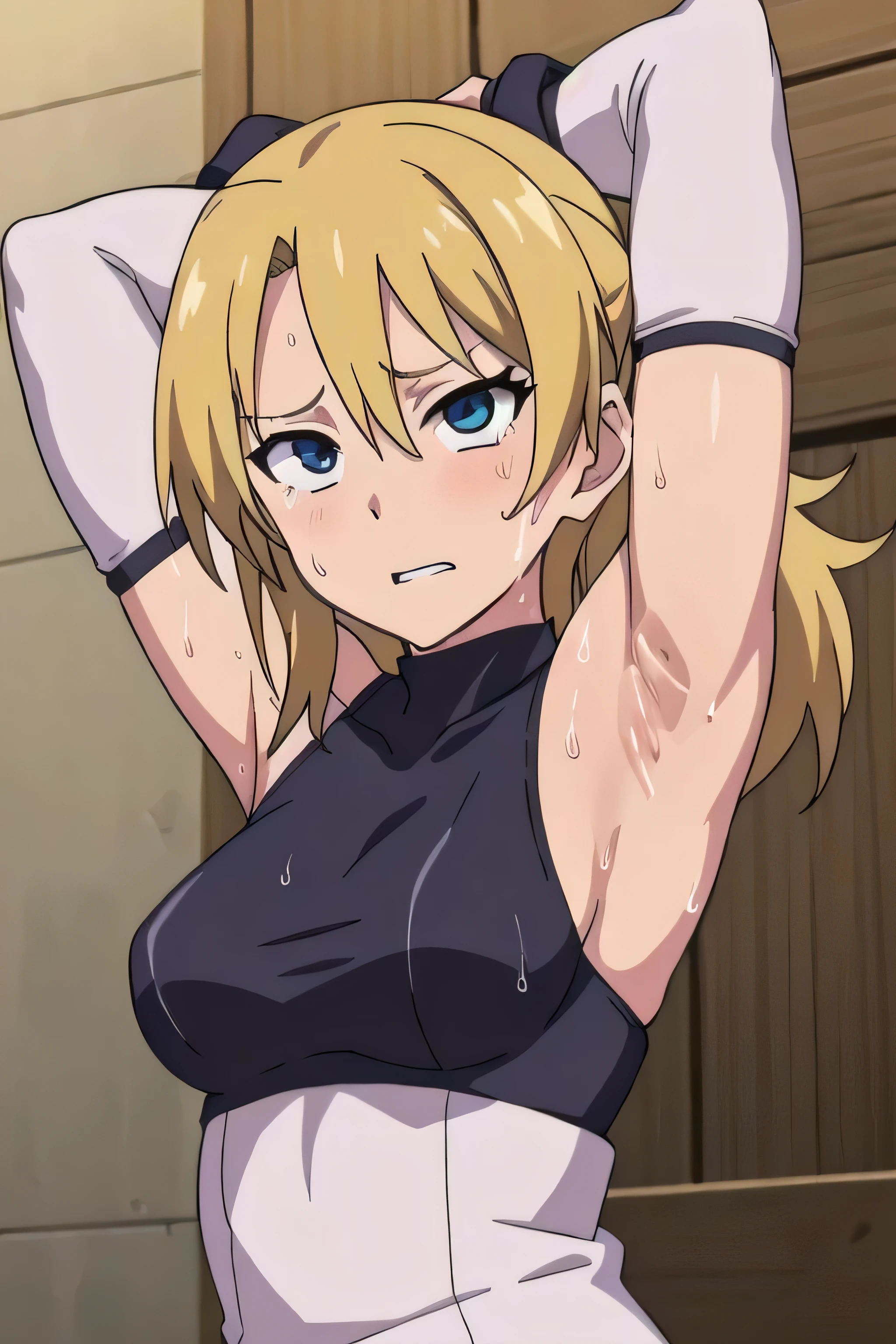 Temari,1girl, solo,armpits,wet armpits, showing wet armpits, armpit,armpits,sweat,sweaty,sweaty armpits,awesome armpits,tired,exhausted,arms up,blackish arm warmers,sleeveless