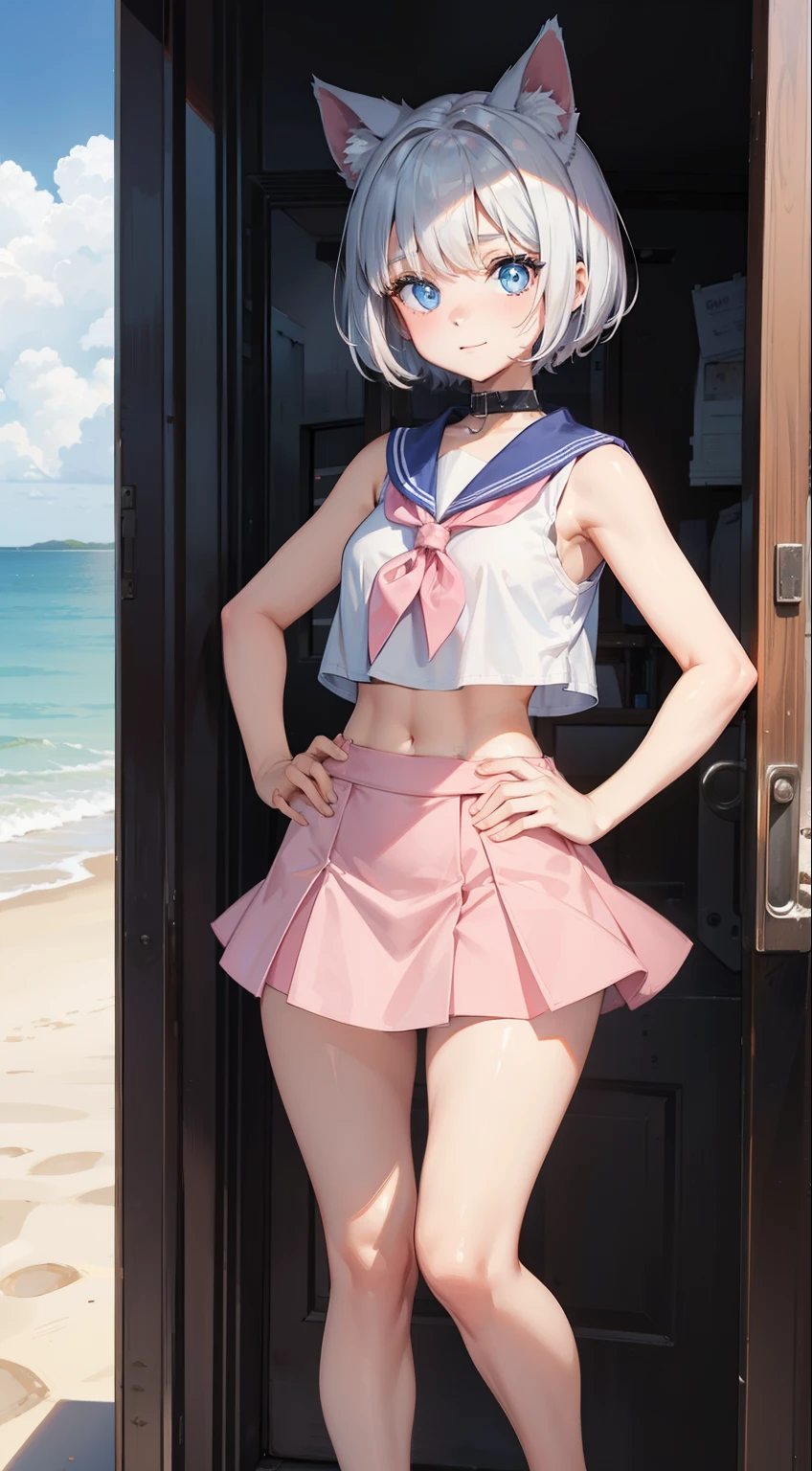 1boy, sexy, wearing sailor outfit,(blushing), sweaty, shiny skin, beautiful face, (trap), (femboy), from below, pov from below, (upskirt), Pink panties, big bulge:1.5,